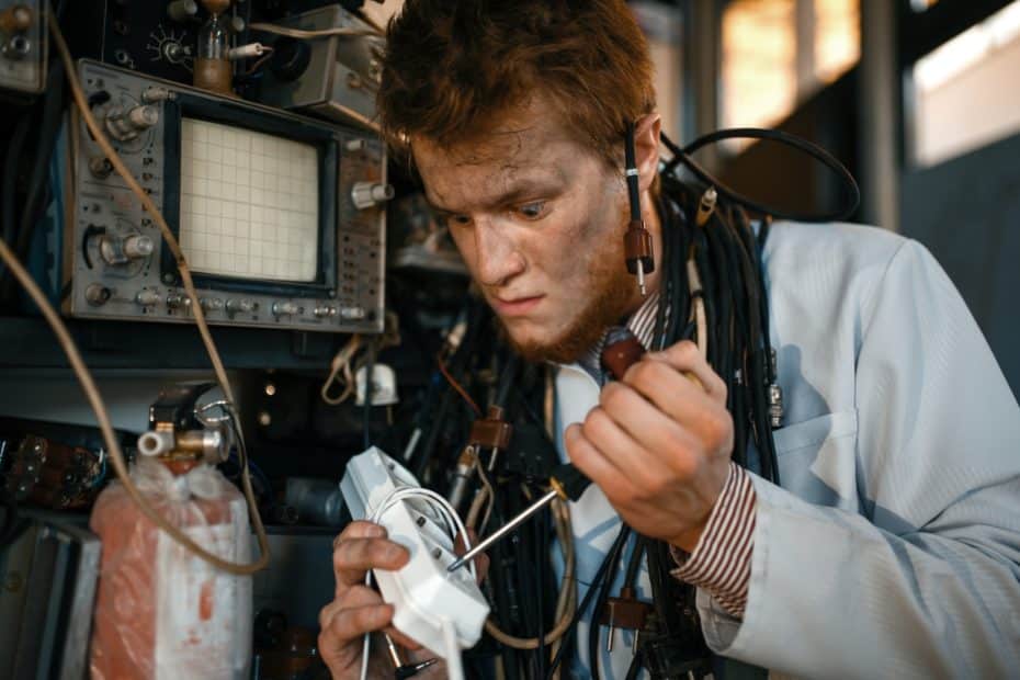 Crazy scientist works with electricity in lab