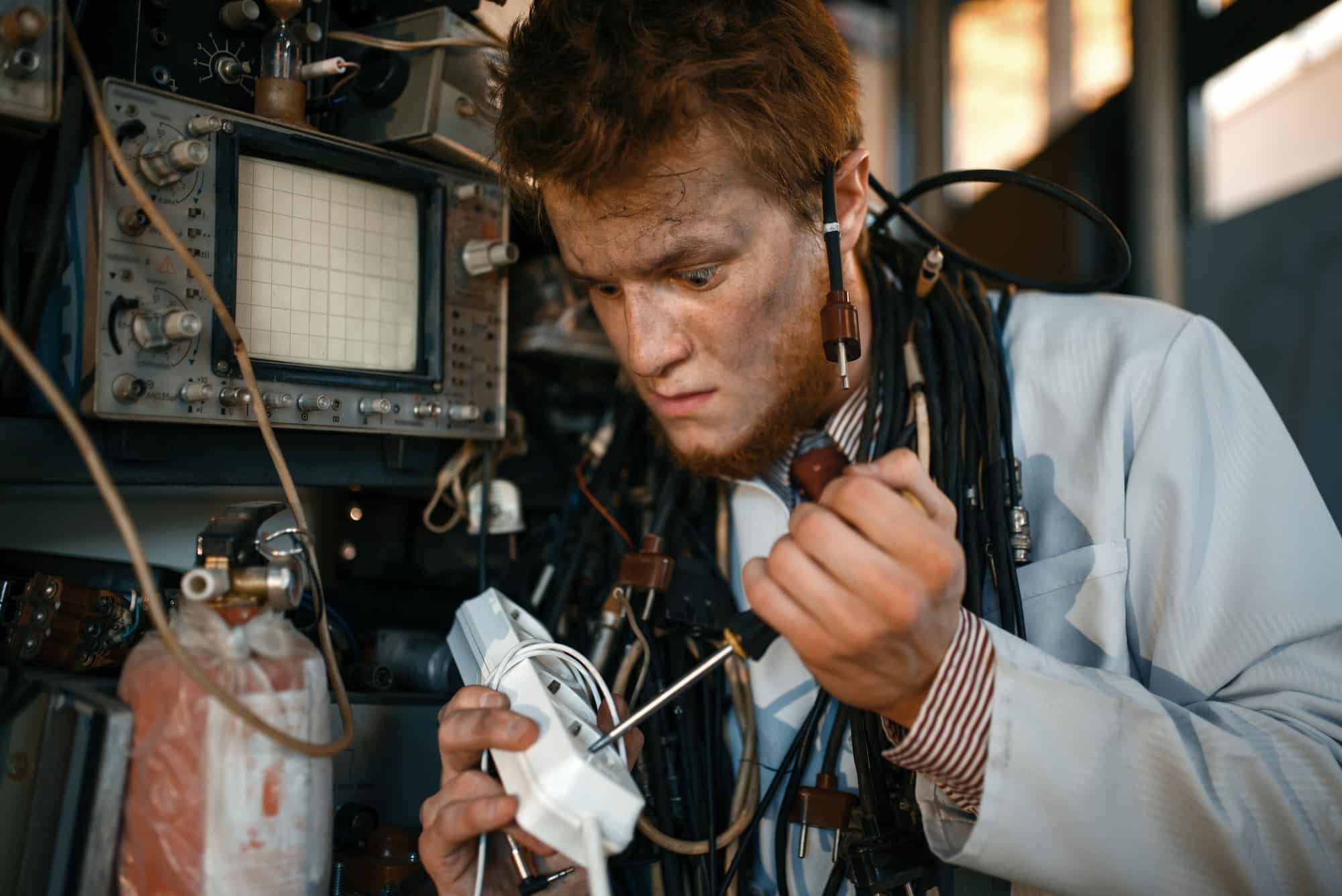 Crazy scientist works with electricity in lab